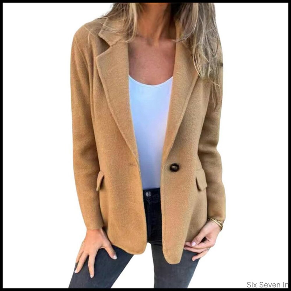 Wool Blend Blazer Jacket Classic Chic Business Office Open Front Pea Coat